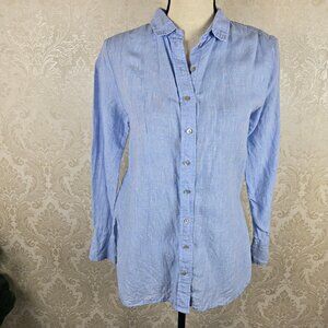 H & M Size 6 Light Blue Button Down Shirt 100% Linen Tunic Length Long Sleeves